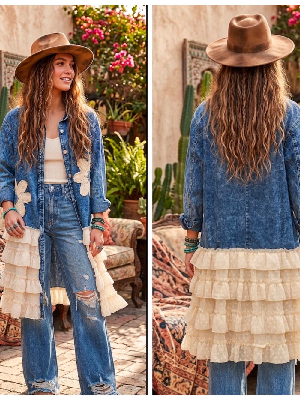 Denim & Cream Ruffle Crochet Duster Jacket / Dress